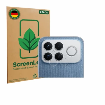 Parte frontal de un envase de producto con el logotipo de la marca ScreenLeaf. Al lado se muestra el dispositivo Xiaomi Poco F