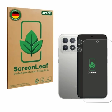 Parte frontal de un envase de producto con el logotipo de la marca ScreenLeaf. Al lado se muestra el dispositivo Xiaomi Poco F