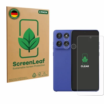 Parte frontal de un envase de producto con el logotipo de la marca ScreenLeaf. Al lado se muestra el dispositivo Motorola Edge