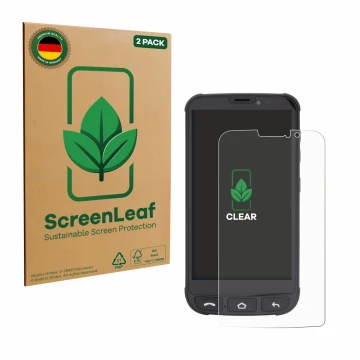 Parte frontal de un envase de producto con el logotipo de la marca ScreenLeaf. Al lado se muestra el dispositivo Olympia Neo M