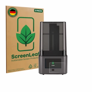 Parte frontal de un envase de producto con el logotipo de la marca ScreenLeaf. Al lado se muestra el dispositivo Anycubic Phot