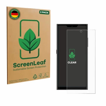 Parte frontal de un envase de producto con el logotipo de la marca ScreenLeaf. Al lado se muestra el dispositivo Jolla Phone c