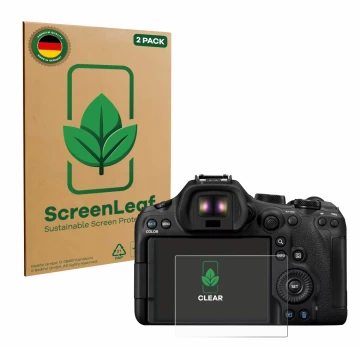 Parte frontal de un envase de producto con el logotipo de la marca ScreenLeaf. Al lado se muestra el dispositivo Canon EOS R6 