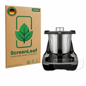 Parte frontal de un envase de producto con el logotipo de la marca ScreenLeaf. Al lado se muestra el dispositivo SilverCrest M