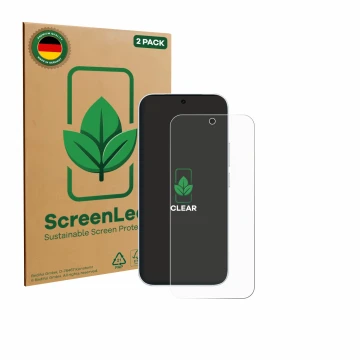Parte frontal de un envase de producto con el logotipo de la marca ScreenLeaf. Al lado se muestra el dispositivo Vivo S50 con 