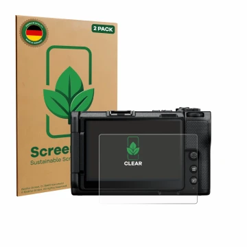 Parte frontal de un envase de producto con el logotipo de la marca ScreenLeaf. Al lado se muestra el dispositivo Nikon ZR 2025
