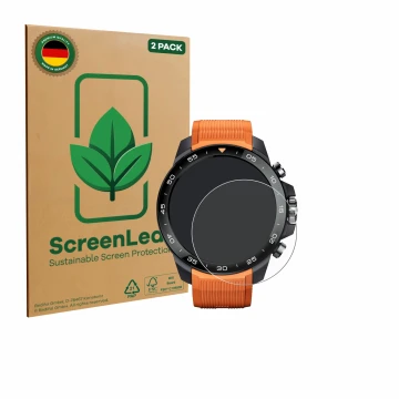 Parte frontal de un envase de producto con el logotipo de la marca ScreenLeaf. Al lado se muestra el dispositivo Xiaomi Mibro 