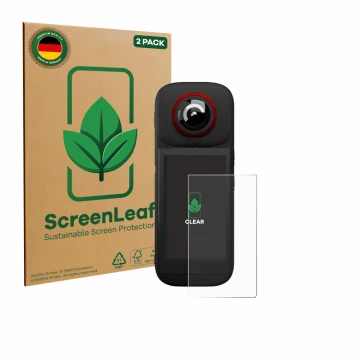 Parte frontal de un envase de producto con el logotipo de la marca ScreenLeaf. Al lado se muestra el dispositivo Labpano PanoX