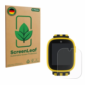 Parte frontal de un envase de producto con el logotipo de la marca ScreenLeaf. Al lado se muestra el dispositivo Xplora X6 Pla