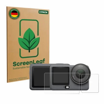 Parte frontal de un envase de producto con el logotipo de la marca ScreenLeaf. Al lado se muestra el dispositivo DJI Osmo Acti