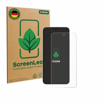 Parte frontal de un envase de producto con el logotipo de la marca ScreenLeaf. Al lado se muestra el dispositivo Oppo F31 con 