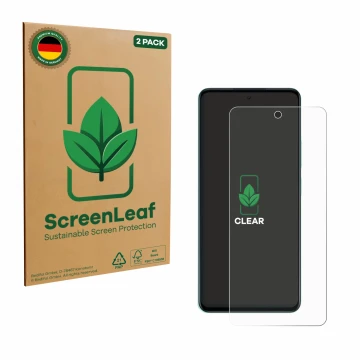 Parte frontal de un envase de producto con el logotipo de la marca ScreenLeaf. Al lado se muestra el dispositivo Oppo A5 con s