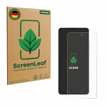 Parte frontal de un envase de producto con el logotipo de la marca ScreenLeaf. Al lado se muestra el dispositivo Oppo K13 con 