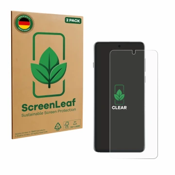 Parte frontal de un envase de producto con el logotipo de la marca ScreenLeaf. Al lado se muestra el dispositivo Oppo Find X8 