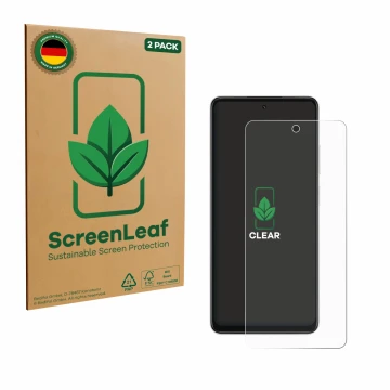 Parte frontal de un envase de producto con el logotipo de la marca ScreenLeaf. Al lado se muestra el dispositivo Oppo A5x con 