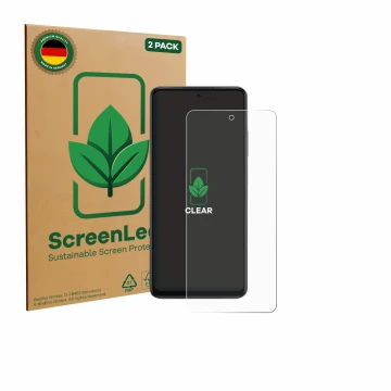 Parte frontal de un envase de producto con el logotipo de la marca ScreenLeaf. Al lado se muestra el dispositivo Oppo K13x con