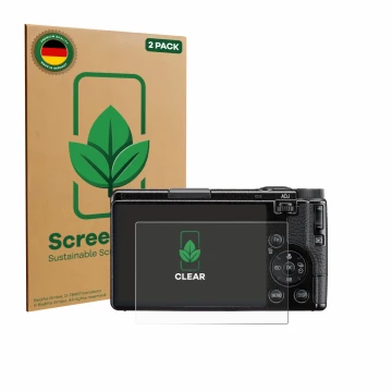 Parte frontal de un envase de producto con el logotipo de la marca ScreenLeaf. Al lado se muestra el dispositivo Ricoh GR IV H