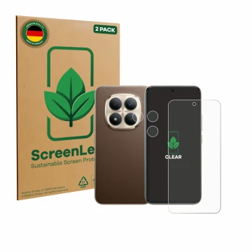 Parte frontal de un envase de producto con el logotipo de la marca ScreenLeaf. Al lado se muestra el dispositivo Xiaomi Redmi 