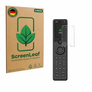 Parte frontal de un envase de producto con el logotipo de la marca ScreenLeaf. Al lado se muestra el dispositivo Sofabaton X1S
