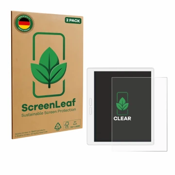 Parte frontal de un envase de producto con el logotipo de la marca ScreenLeaf. Al lado se muestra el dispositivo Bigme B751C-S