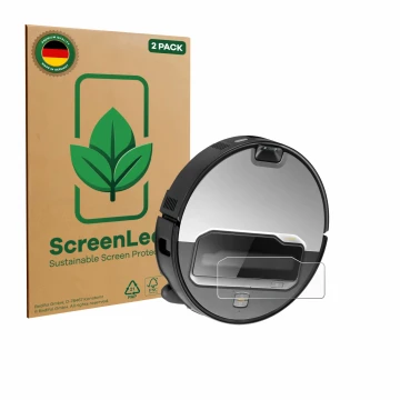 Parte frontal de un envase de producto con el logotipo de la marca ScreenLeaf. Al lado se muestra el dispositivo Roborock Saro