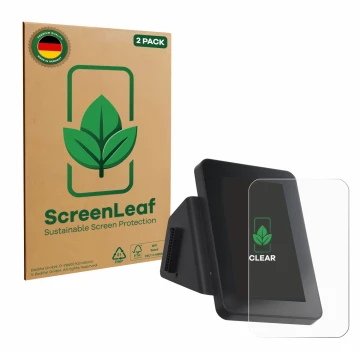 Parte frontal de un envase de producto con el logotipo de la marca ScreenLeaf. Al lado se muestra el dispositivo Anycubic Kobr