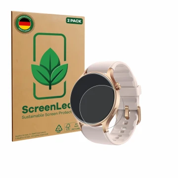 Parte frontal de un envase de producto con el logotipo de la marca ScreenLeaf. Al lado se muestra el dispositivo aeac AR01 1.3