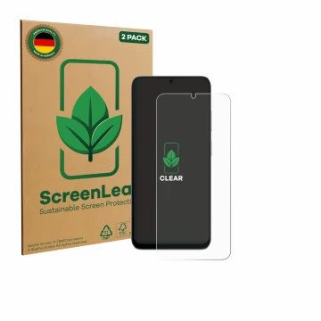 Parte frontal de un envase de producto con el logotipo de la marca ScreenLeaf. Al lado se muestra el dispositivo Doogee Note 5