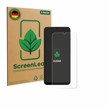 Parte frontal de un envase de producto con el logotipo de la marca ScreenLeaf. Al lado se muestra el dispositivo Doogee Note 5