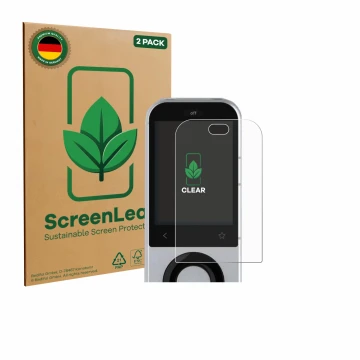 Parte frontal de un envase de producto con el logotipo de la marca ScreenLeaf. Al lado se muestra el dispositivo Sofabaton X2 