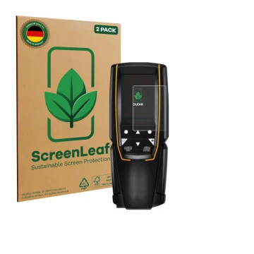 Parte frontal de un envase de producto con el logotipo de la marca ScreenLeaf. Al lado se muestra el dispositivo Testo 310 (2d