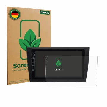 Parte frontal de un envase de producto con el logotipo de la marca ScreenLeaf. Al lado se muestra el dispositivo Dynavin D8-DF