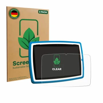 Parte frontal de un envase de producto con el logotipo de la marca ScreenLeaf. Al lado se muestra el dispositivo Lisciani Mio 