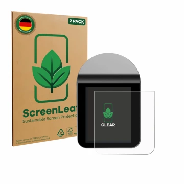 Parte frontal de un envase de producto con el logotipo de la marca ScreenLeaf. Al lado se muestra el dispositivo KitchenBoss G