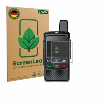Parte frontal de un envase de producto con el logotipo de la marca ScreenLeaf. Al lado se muestra el dispositivo Hytera PNC360