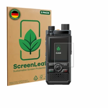 Parte frontal de un envase de producto con el logotipo de la marca ScreenLeaf. Al lado se muestra el dispositivo Hytera P50 Pr