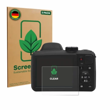 Parte frontal de un envase de producto con el logotipo de la marca ScreenLeaf. Al lado se muestra el dispositivo Kodak Pixpro 