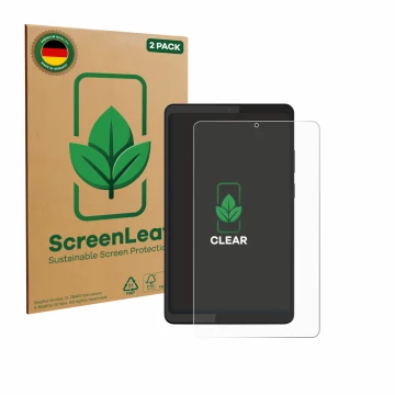 Parte frontal de un envase de producto con el logotipo de la marca ScreenLeaf. Al lado se muestra el dispositivo Lenovo Tab K9