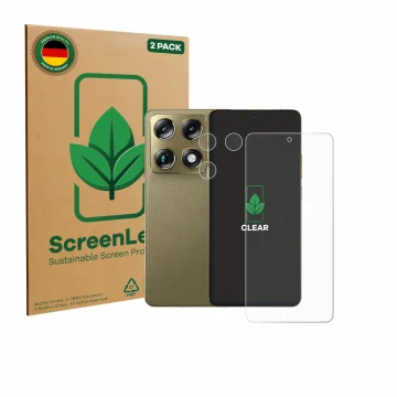 Parte frontal de un envase de producto con el logotipo de la marca ScreenLeaf. Al lado se muestra el dispositivo Motorola Sign
