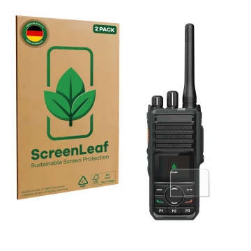 Parte frontal de un envase de producto con el logotipo de la marca ScreenLeaf. Al lado se muestra el dispositivo Hytera HP565 