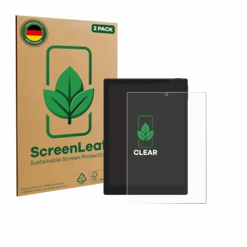 Parte frontal de un envase de producto con el logotipo de la marca ScreenLeaf. Al lado se muestra el dispositivo Hannspree Lum