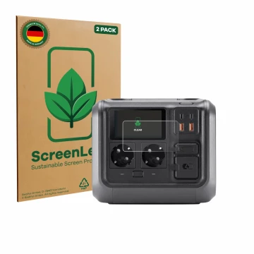 Parte frontal de un envase de producto con el logotipo de la marca ScreenLeaf. Al lado se muestra el dispositivo DJI Power 500