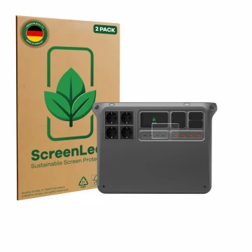 Parte frontal de un envase de producto con el logotipo de la marca ScreenLeaf. Al lado se muestra el dispositivo DJI Power 200