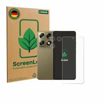 Parte frontal de un envase de producto con el logotipo de la marca ScreenLeaf. Al lado se muestra el dispositivo Motorola Sign