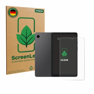 Parte frontal de un envase de producto con el logotipo de la marca ScreenLeaf. Al lado se muestra el dispositivo Samsung Galax