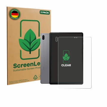 Parte frontal de un envase de producto con el logotipo de la marca ScreenLeaf. Al lado se muestra el dispositivo Samsung Galax