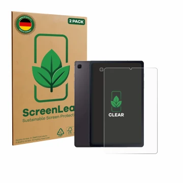 Parte frontal de un envase de producto con el logotipo de la marca ScreenLeaf. Al lado se muestra el dispositivo Samsung Galax
