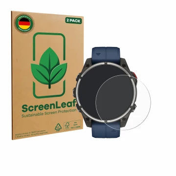 Parte frontal de un envase de producto con el logotipo de la marca ScreenLeaf. Al lado se muestra el dispositivo Garmin quatix