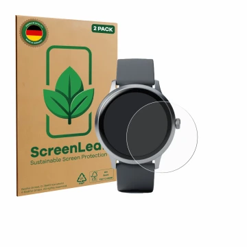 Parte frontal de un envase de producto con el logotipo de la marca ScreenLeaf. Al lado se muestra el dispositivo Pebble Round 