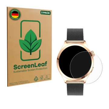 Parte frontal de un envase de producto con el logotipo de la marca ScreenLeaf. Al lado se muestra el dispositivo Niolina Smart